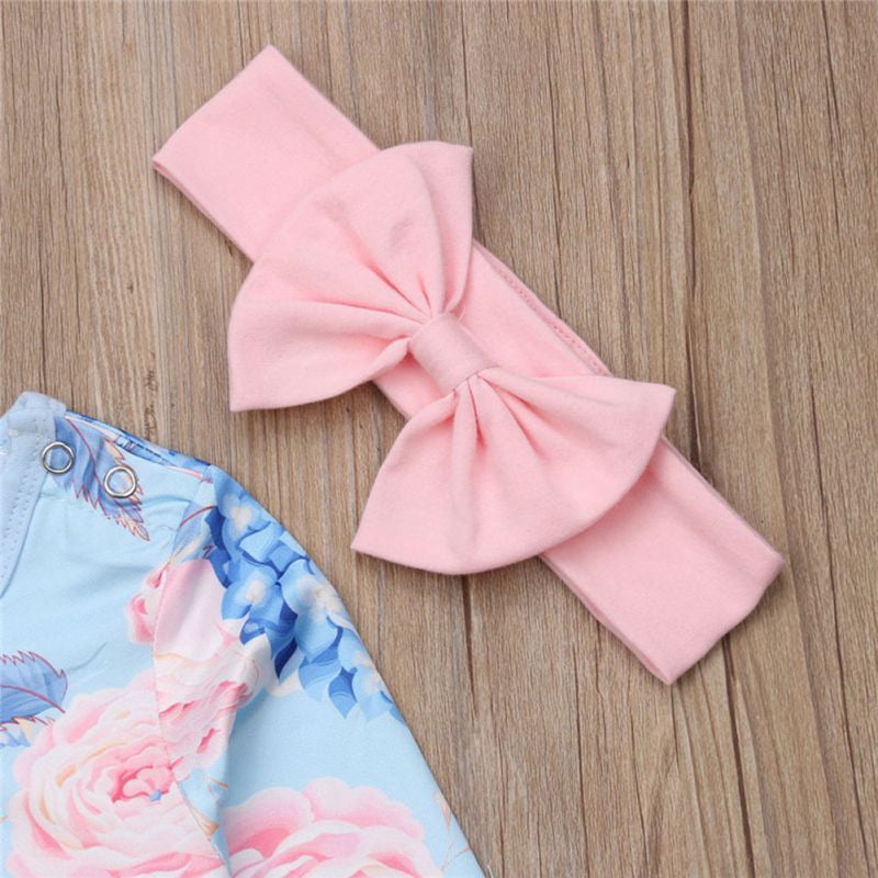 Toddler Kids Baby Girl Cotton Floral Romper Jumpsuit+Bow Hair Band Clothes Sets