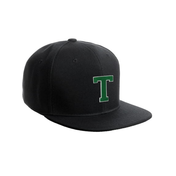 Classic Snapback Hat Custom A to Z Initial Raised Letters, Black Cap White Green Letter Initial T