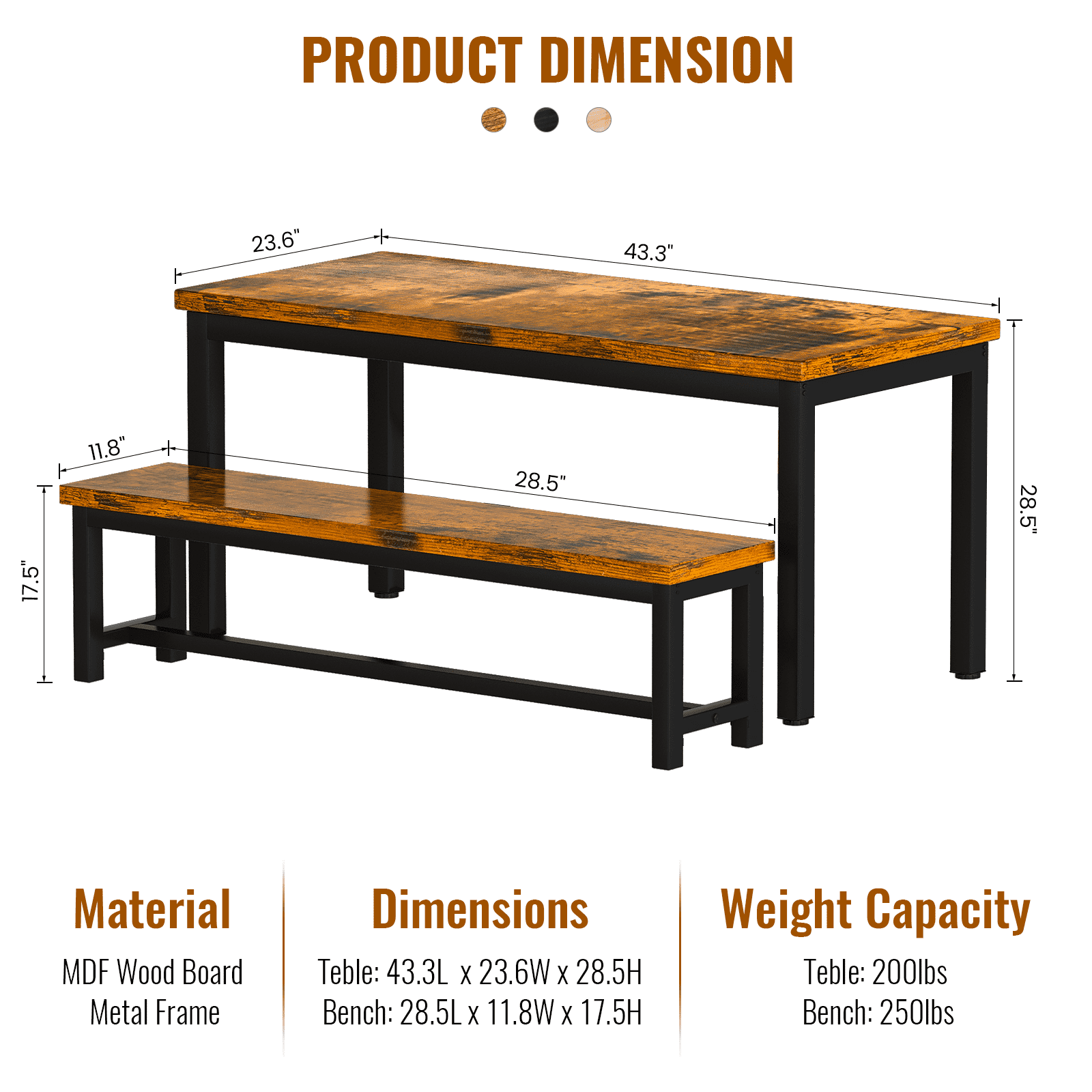 Baxluxe Dining Table Set, Rectangular Dining Table with Bench Set, Dining Table Set for 2-4 for Apartment, Kitchen and Dining Room, Antique Color