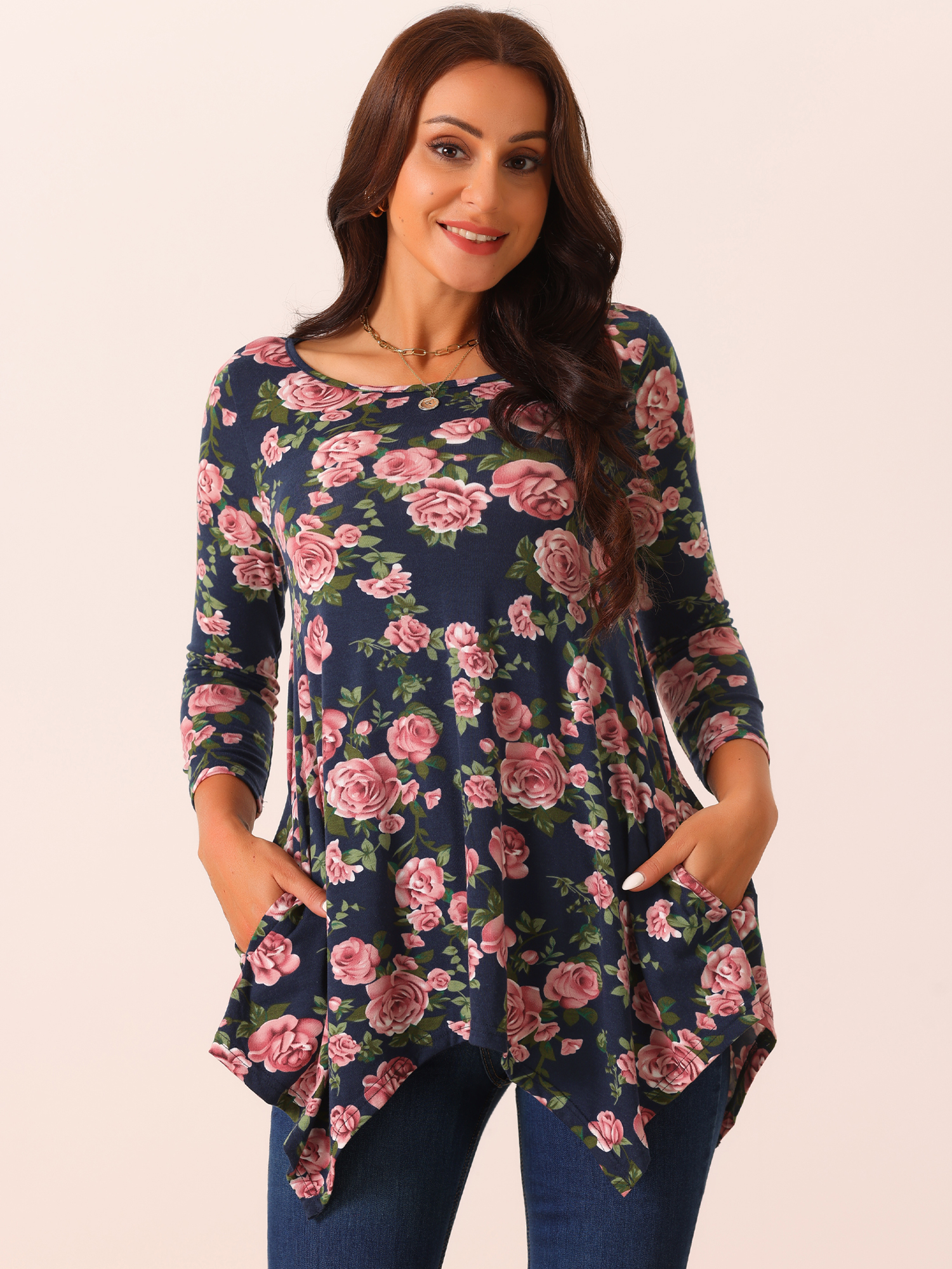 DARING DIVA Women's 3/4 Sleeve Floral Print Loose Fit Asymmetrical Hem Top Navy Blue L