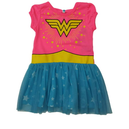 Toddler Girls Hot Pink & Aqua Blue Wonder Woman Super Hero Tutu Dress Outfit