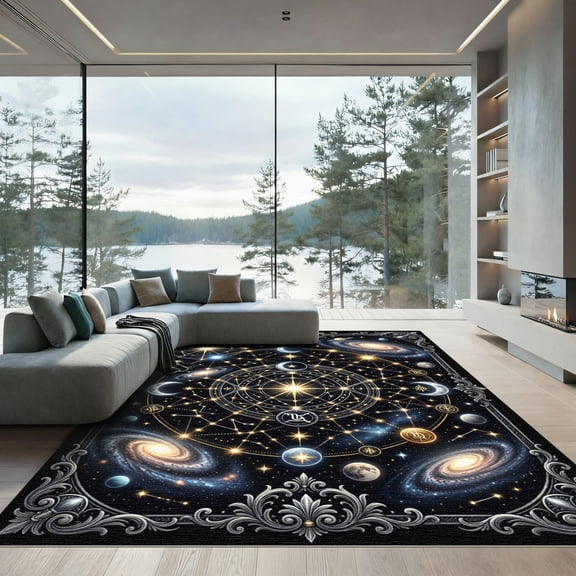 ODIKA 4'x6' Machine Washable Non-Slip Area Rug, Gothic Black High Traffic Rug, Black, 1167460
