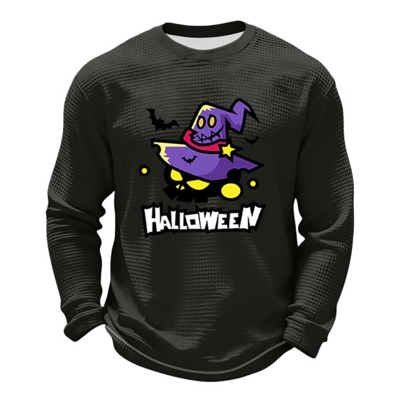 Cartoon Pumpkin Ghost Halloween Graphic Waffle Knit Crewneck Long Sleeve Shirt Soft Comfort Daily Casual Loose Top Black S