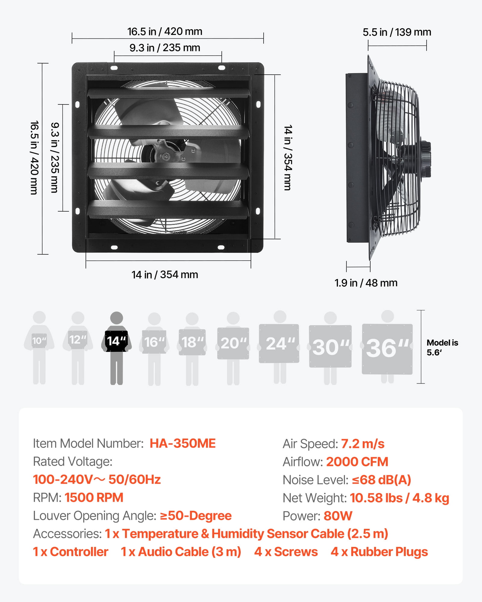 VEVOR 14 inch Shutter Exhaust Fan, Wall Mounted Attic Vent Fan with Smart Programming Variable Speed Temperature Control, 2000 CFM,EC Motor,Timer, for Shed,Garage,Greenhouse Ventilation Cooling