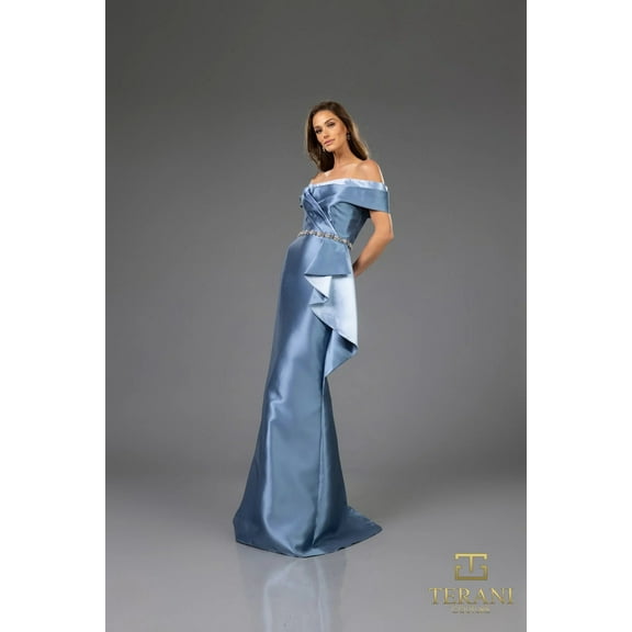 Women's Terani Couture 251m4452 Off The Shoulder Mikado Long Trumpet Dress denim blue-blue 14