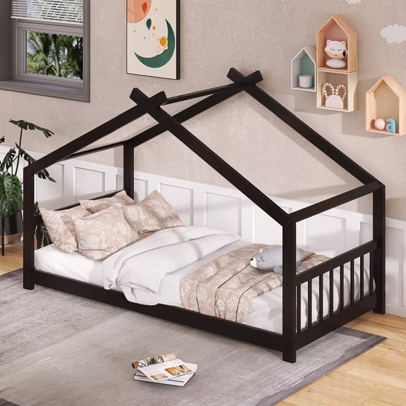 Harper & Bright Designs Twin Size Floor House Bed, Wood Montessori House Bed Frame with Fence, Playhouse Tent Bed with Roof, Espresso