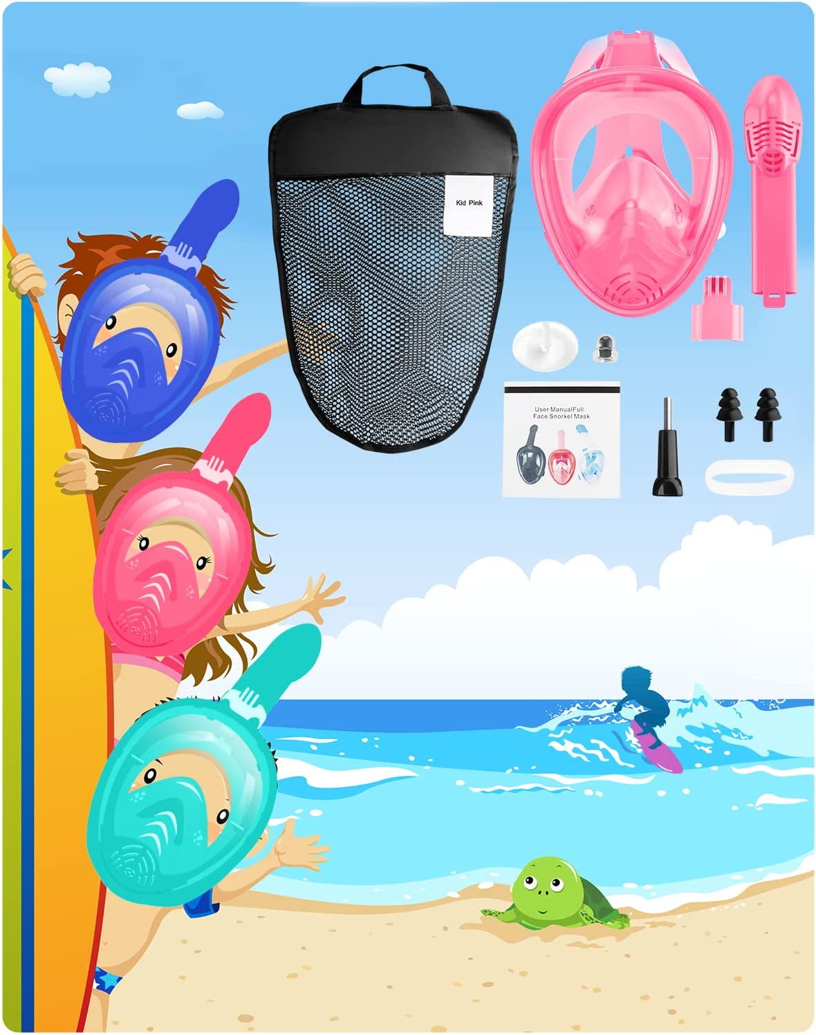 Gintenco Full Face Snorkeling Mask, kids Dive Mask with Innovative Leakage Protection System, 180 Panoramic Snorkeling Gear with Removable Camera Mount Pink