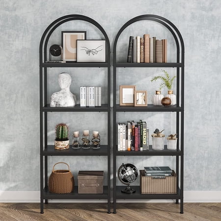Tribesigns 70.8 Industrial 4-Tier Bookshelf: Wood and Metal Display Rack (Black 2PCS)