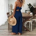 thumbnail image 4 of MORTTIC Women's V-Neck Sleeveless Wide Leg Jumpsuit with Adjustable Straps & Back Bow Tie Spring Summer Flowy Romper Dark Blue，L, 4 of 5