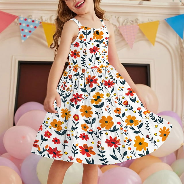 LOVZFMLL Robe d'Été à Manches Courtes pour Filles avec Poches à Volants Col Rond Imprimé Robe Débardeur Douce