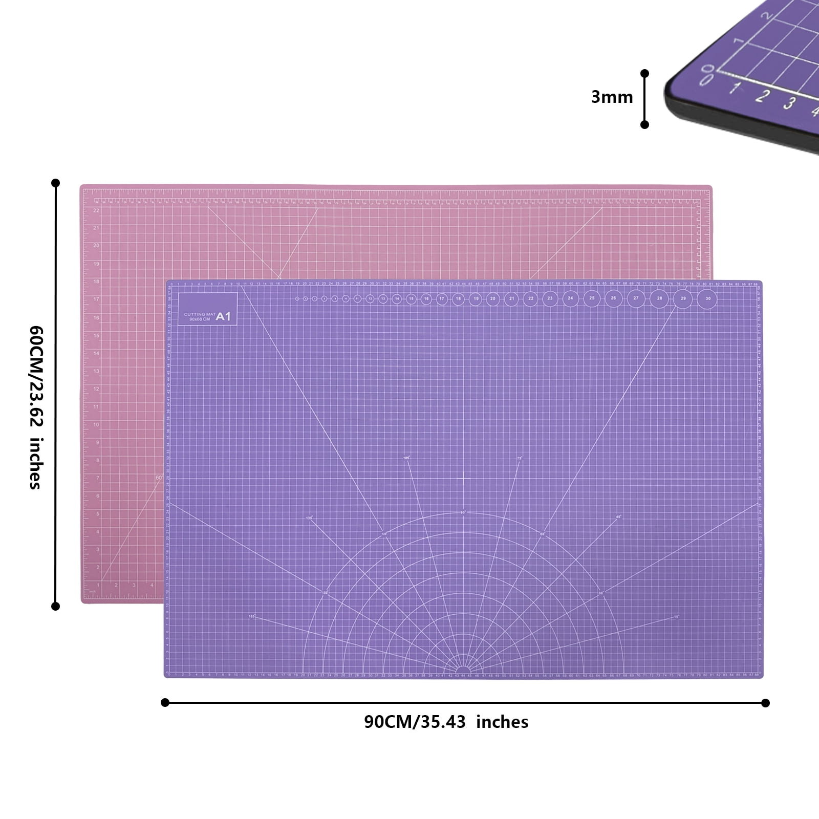FrenzyBird 2pcs 35" x 23" Large Self Healing PVC Cutting Mat, Double Sided, Gridded Rotary Cutting Board for Craft, Quilting, Fabric, Scrapbooking，Sewing（A1-Black or Gray and Pink or Purple）