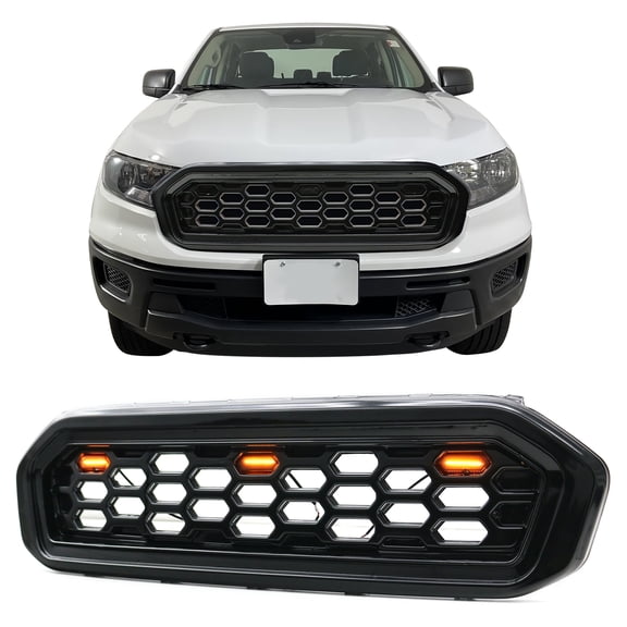 Ikon Motorsports Front Upper Grille, Compatible with 2019-2023 Ford Ranger XL/XLT/Lariat, Black Replacement Front Bumper Hood Grill w/ LED DRL Smoke Lens