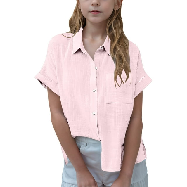Jgppe 3-14Years Girls Button down Shirt V Neck Collared Side Split Short Sleeve Loose Casual Blouse Breathable
