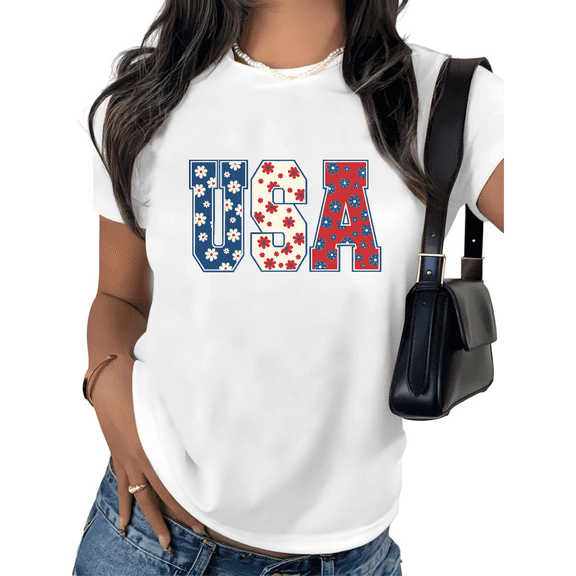 UNISHE Women's USA Floral Graphic Short Sleeve T-Shirt Patriotic Flower Letter Design Cotton Crewneck Casual Comfortable Fit Cute Tops