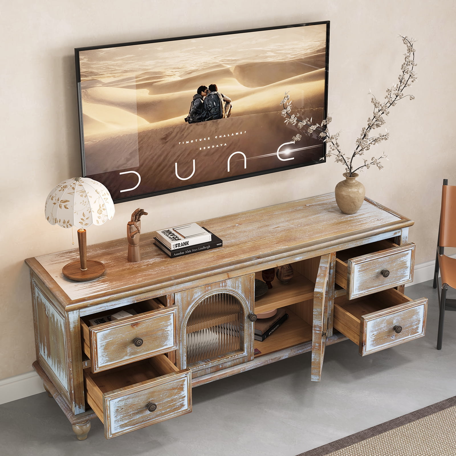 60" Farmhouse TV Stand with 4 Drawers & 2 Glass Doors, Rustic Wood Media Console, Distressed Entertainment Center for TV, Natural Antique White