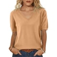 thumbnail image 2 of Women's Sweaters Casual V Neck Short Sleeve Knit Summer Pullover Sweater Tops Camel 2XL, 2 of 5