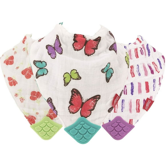 Nuby Bavoir de Dentition Réversible 100 % Coton Naturel 3 Pcs, Rose/aqua/violet, Fleur/papillon/rayures