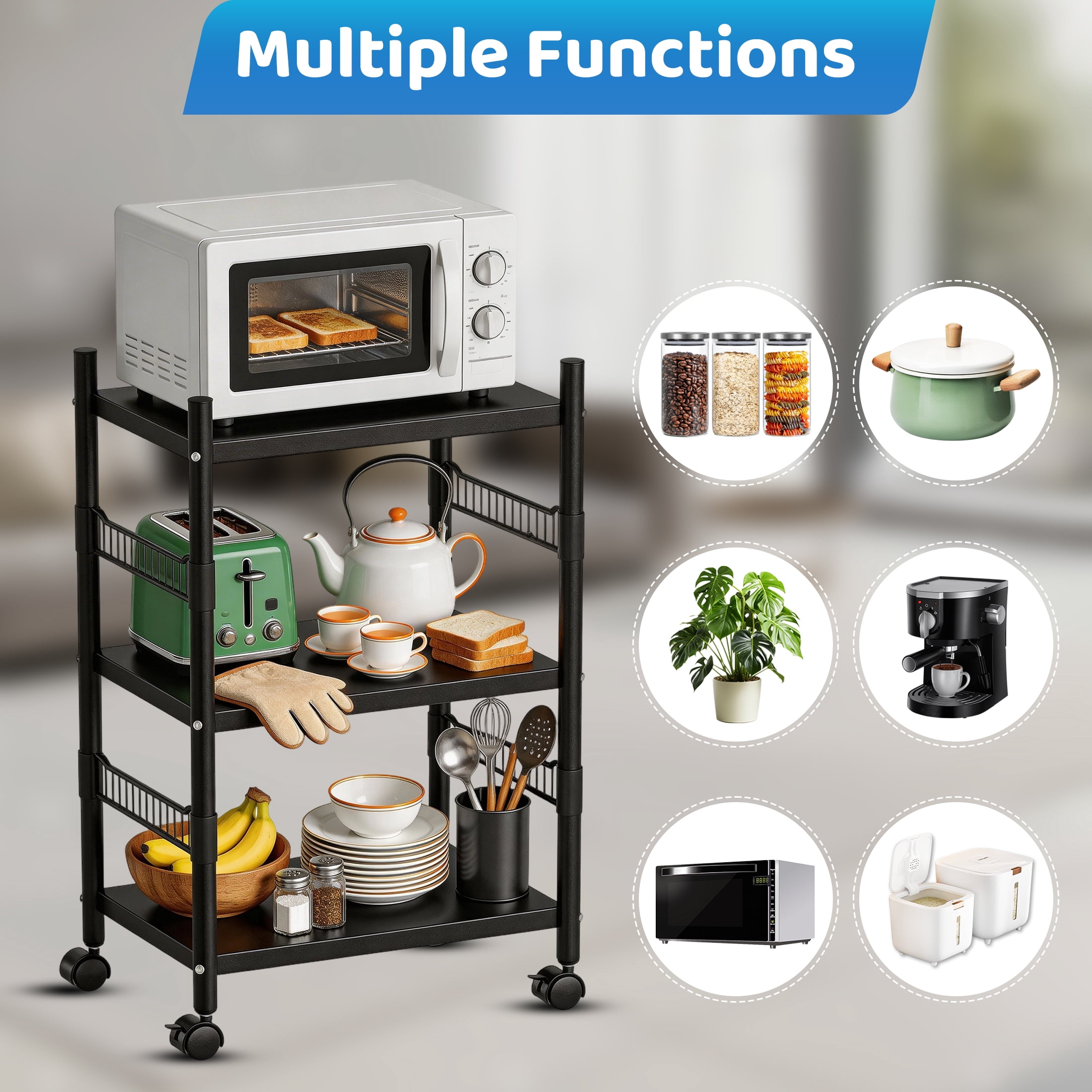Kitchen Microwave Cart, 3-Tier Utility Shelf Microwave Stand Storage Cart with Wheels and 4 Hooks, Rolling Utility Storage Cart, Microwave Oven Storage Cart for kitchens Bathrooms Offices