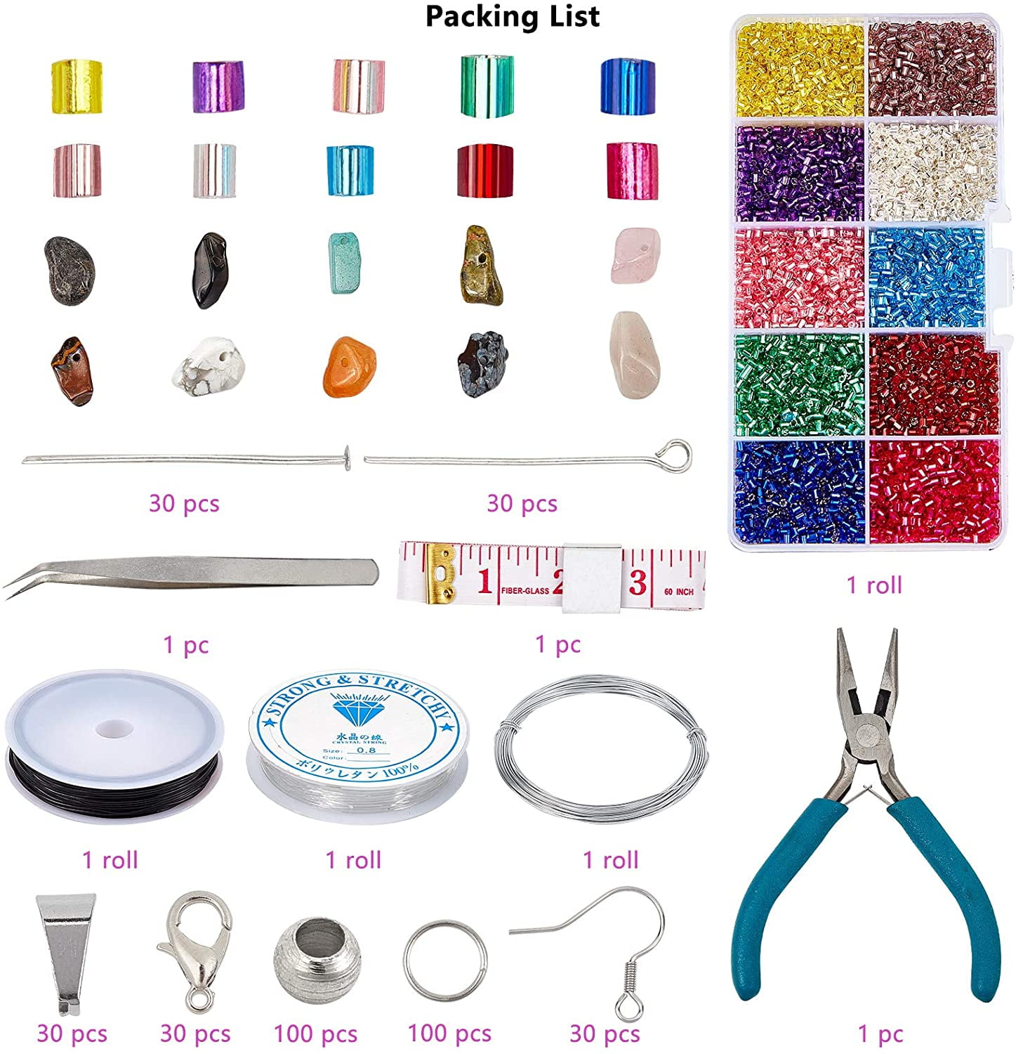 Jewelry Making Kit 430 pcs 10 Colors Natural Chip Stone Beads 110g 2mm Seed Beads Crimp Beads Jump Rings Ice Pick Pinch Bail Earring Hook Lobster Claw Clasp Head Pin for Bracelet Making Gemstone
