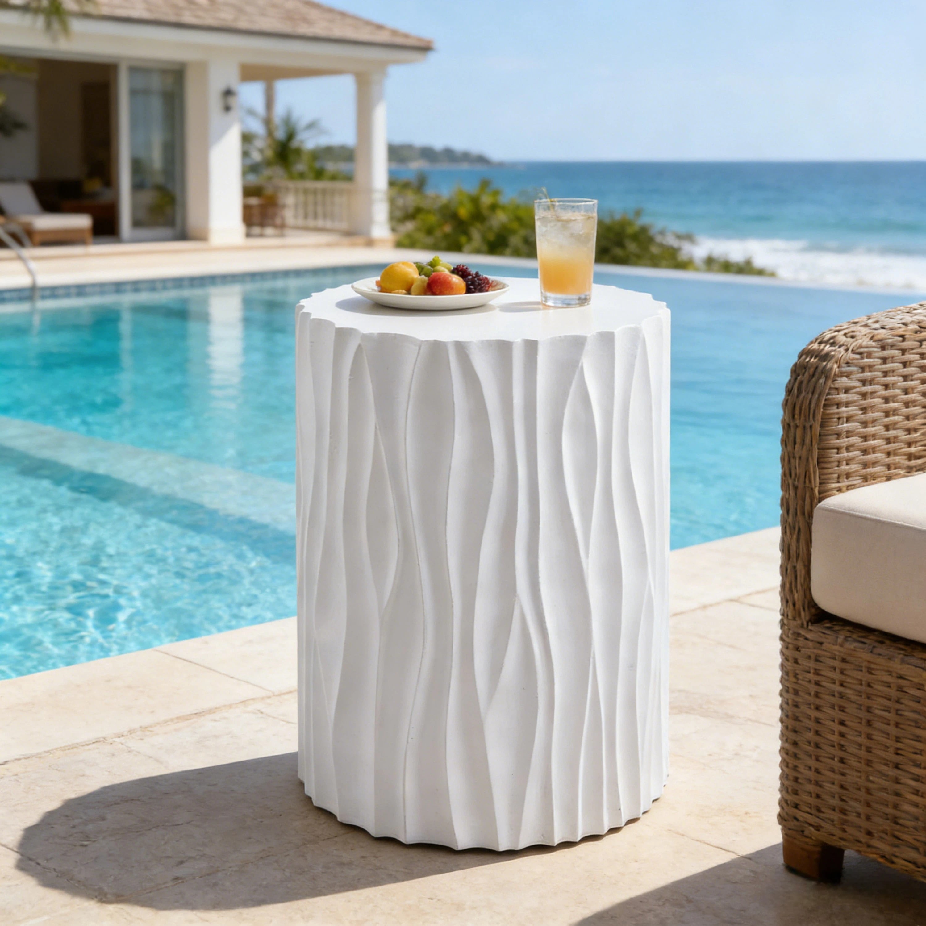 Side Table, Outdoor White Wavy Fluted Design Table for Patio Balcony Garden, White
