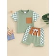 thumbnail image 2 of FEORJGP Toddler Baby Boy Summer Outfits 2Pcs 0-3Y Infant Crew Neck Pocket T-shirt Short Sleeve Shirt Checkerboard Tops + Patchwork Shorts Set Newborn Loose Casual Daily Clothes, 2 of 9