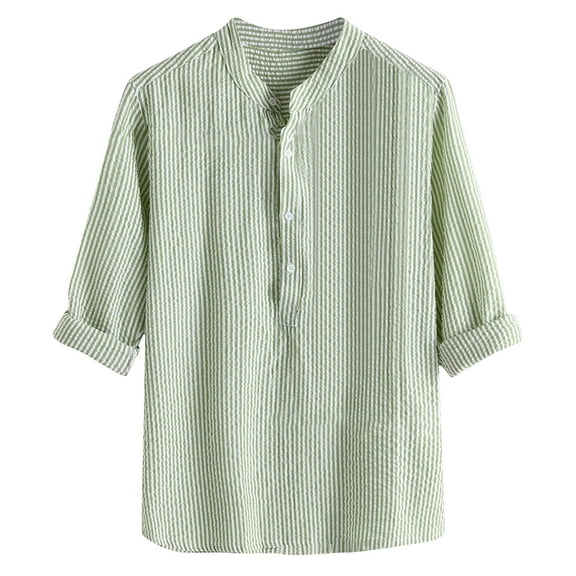 RYRJJ Men's Casual Summer Cotton Linen Henley Shirt Button Stand Collar Long Sleeve Hippie Vertical Striped Beach T Shirts(Green,M)