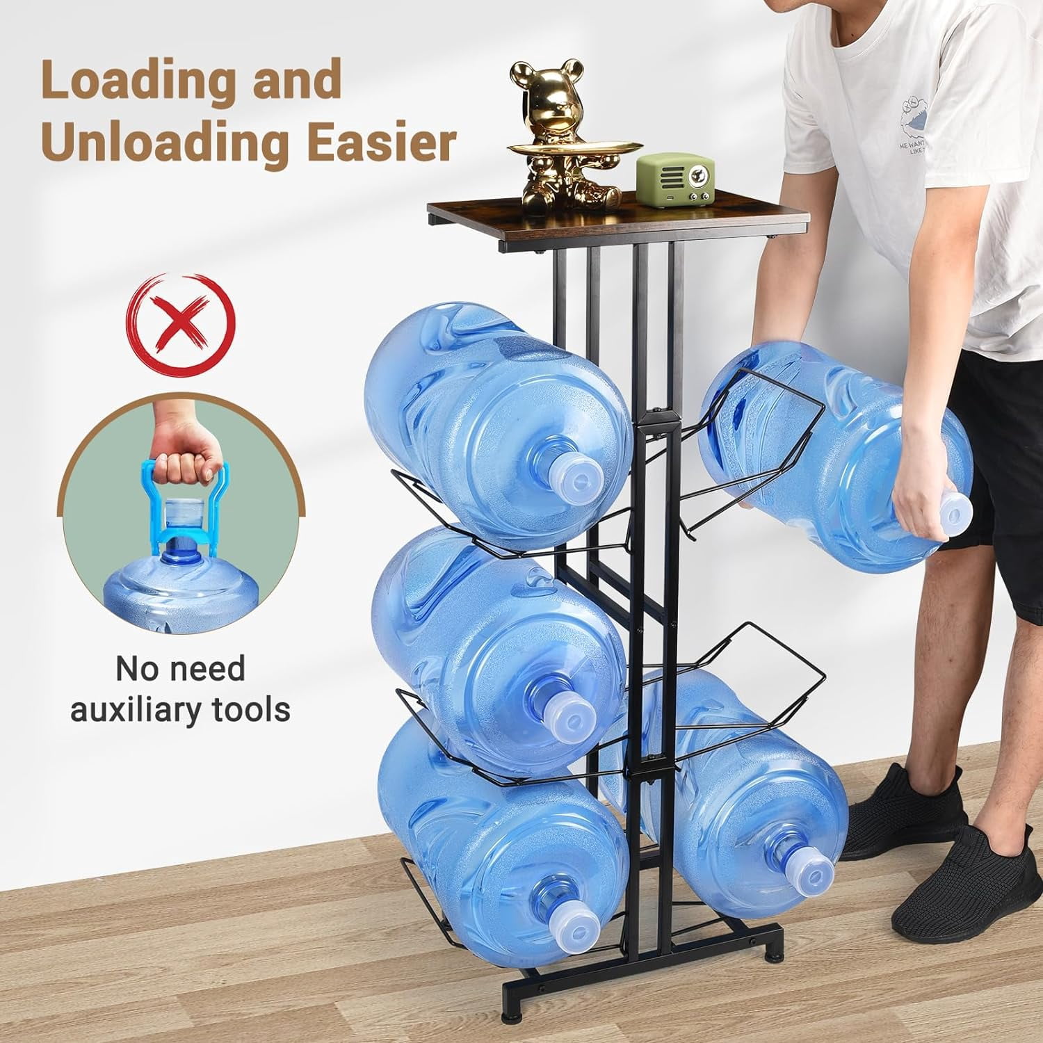 3-Tier Water Jug Stand – Holds 5 Gallon Bottles, Wood Top Shelves, Heavy Duty Rack For Home Or Office