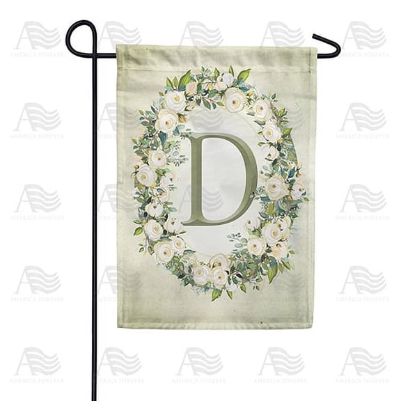 America Forever Spring Monogram Garden Flag Letter D 12.5 x 18 inches Double Sided Vertical Outdoor, Yard, Lawn, Beautiful Floral Wreath, White Flowers, Rose, Summer Themed Garden Flag
