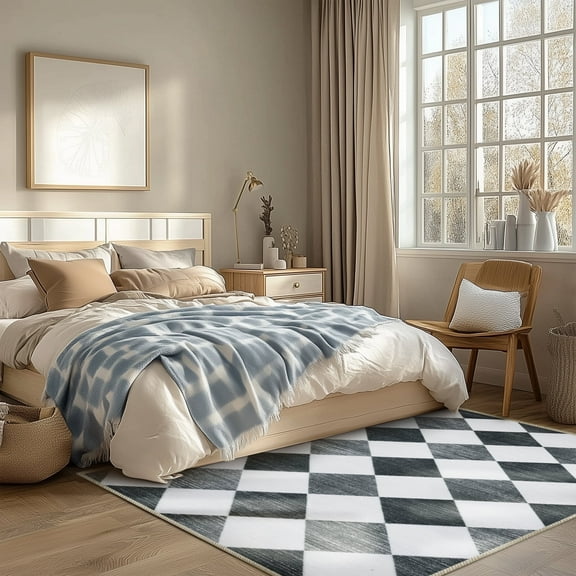 Socofuz Modern Checkered Rugs 8x10, Grey Geometric Diamond Area Rug, Soft Stain Resistant Carpet for Bedroom, Dining Room, Office