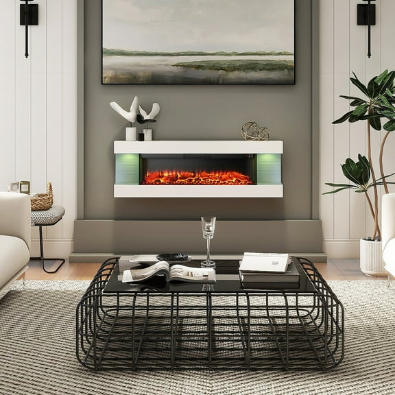 Mondawe 50" Electric Fireplace wall mounted 3 side fireplace with Adjustable LED Flame & Remote Control