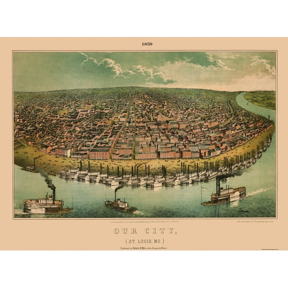 Historic Panoramic View - St Louis Missouri - Hagen 1859 - Vintage Wall Art