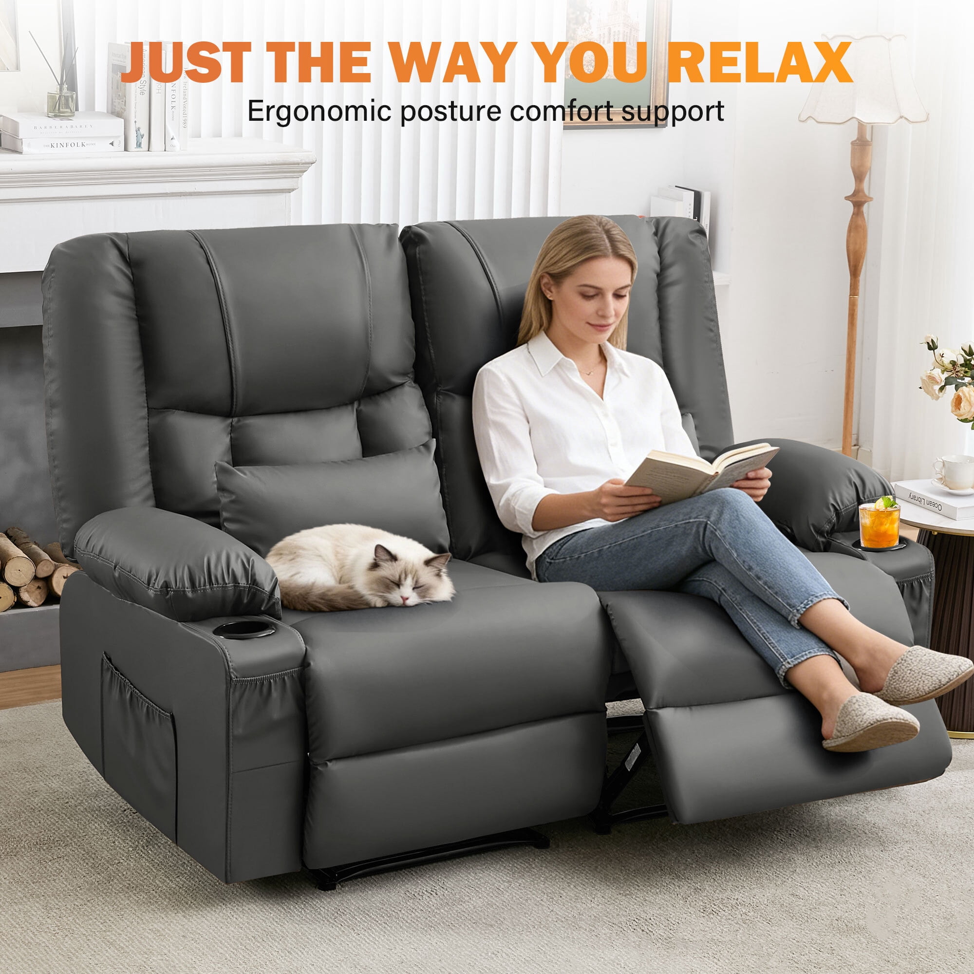 Alvantor Loveseat Recliner Sofa for Adults with Massage & Heating, Modern Leather Manual Recliner Chair with Cup Holders for Home Theater Gray