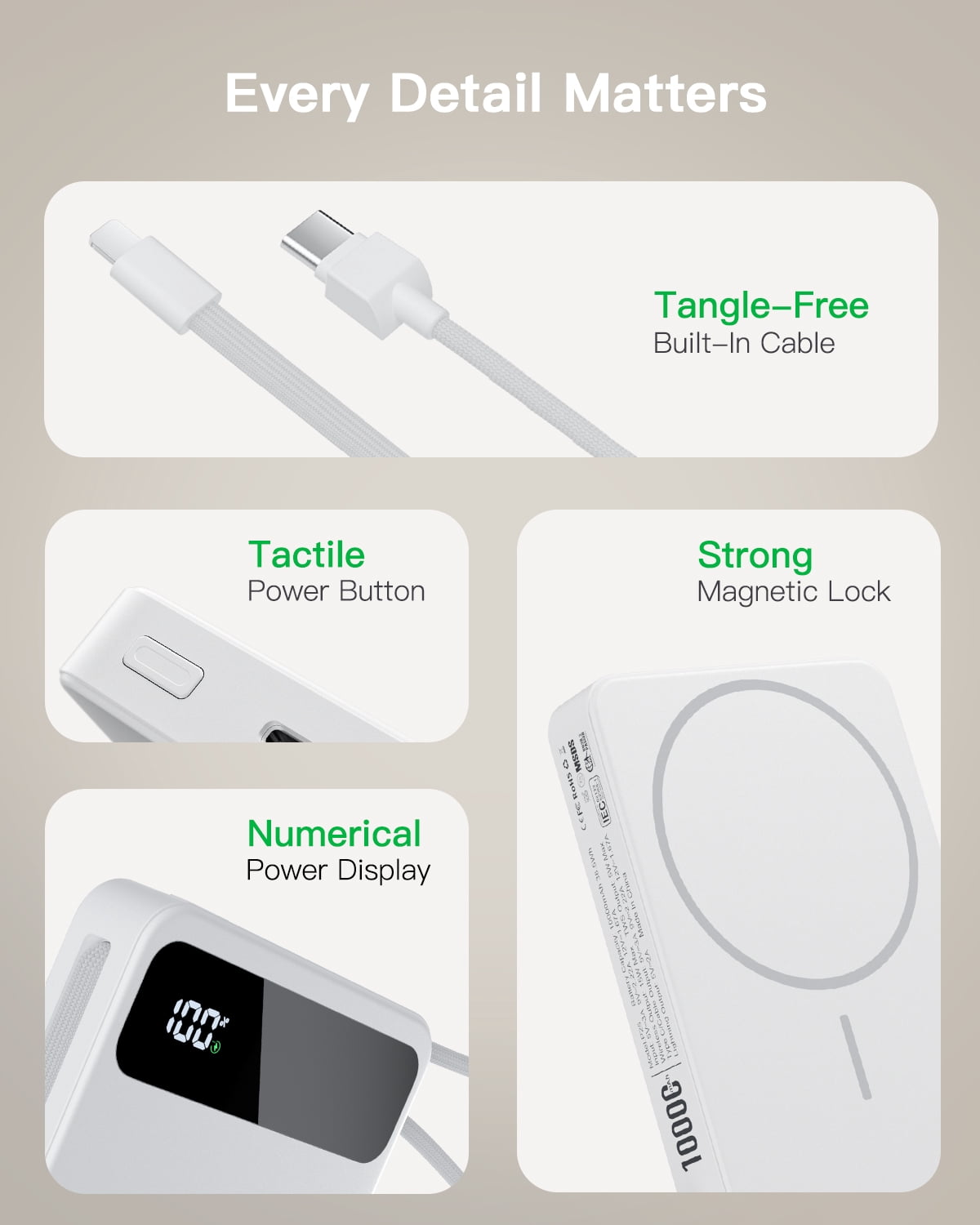 10,000mAh Magnetic Wireless Power Bank Compatible with Mag-Safe, 15W Fast Charging Portable Charger with USB-C 22.5W PD Input/Output - for iPhone 17/16/15/14/13/12 Series, AirPods