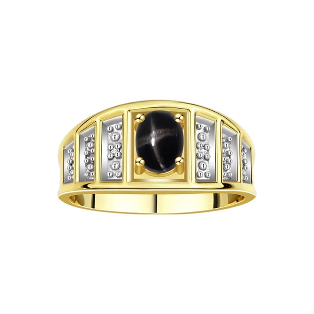 RYLOS Bagues pour Femmes Bague en Or Jaune 14K Style Classique Pierre Précieuse Ovale 7X5MM et Bague en Diamant Saphir Étoilé Noir Bijoux Taille 5