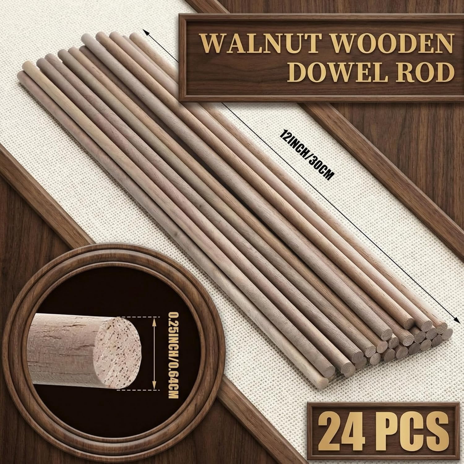 24 Pcs Wooden Dowel Rods Walnut Dowel Rod Sticks for Crafts Round Uned Wood for Crafting Woodworking Building Material(1/4 x 12 Inch)