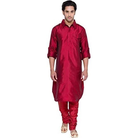 Royal Men's Pathani Silk Blend Kurta & Churidaar Set Red