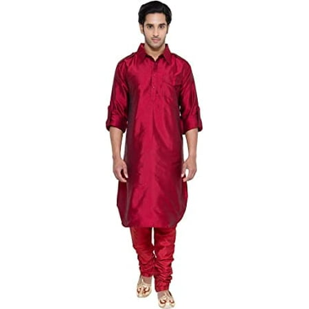 

Royal Men s Pathani Silk Blend Kurta & Churidaar Set Red