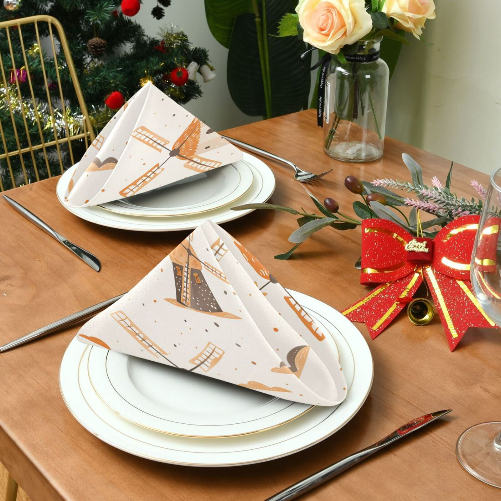 JSTEL Orange Windmill Polka Dots Cloth Napkins Set of 6, 20x20 Inch Washable and Reusable Napkin for Decoupage Dinner Party Everyday Use