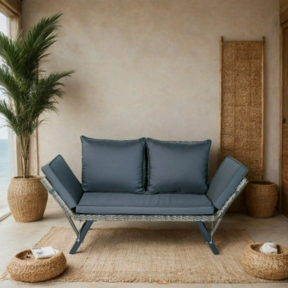 1 PCS Patio Wicker Side Foldable Bench Patio Backyard Conversation Bench Grey Wicker Dark Grey Cushion