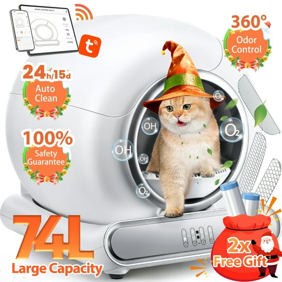 Famistar Automatic Cat Litter Box Self Cleaning, 65 9L Large Litter Box with Liner, Odor Removal, 2.4G WiFi APP Control/Integrated Safety Protection, 2 Sifters Included