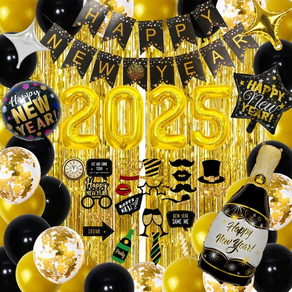 New Years Eve Party Supplies 2026 Happy New Year Decorations Kit Gold 2026 Balloons ,Banner,Gold Black New Years Balloons Photo Booth Props Gold Fringe Curtain for Nye Decorations New Year Decor