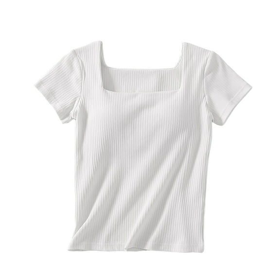 Lenpel Women's Going out Tops Fashion Summer Ribbed Short Sleeve Square Neck Slim T Shirts with Built in Bra Casual Basic Tees
