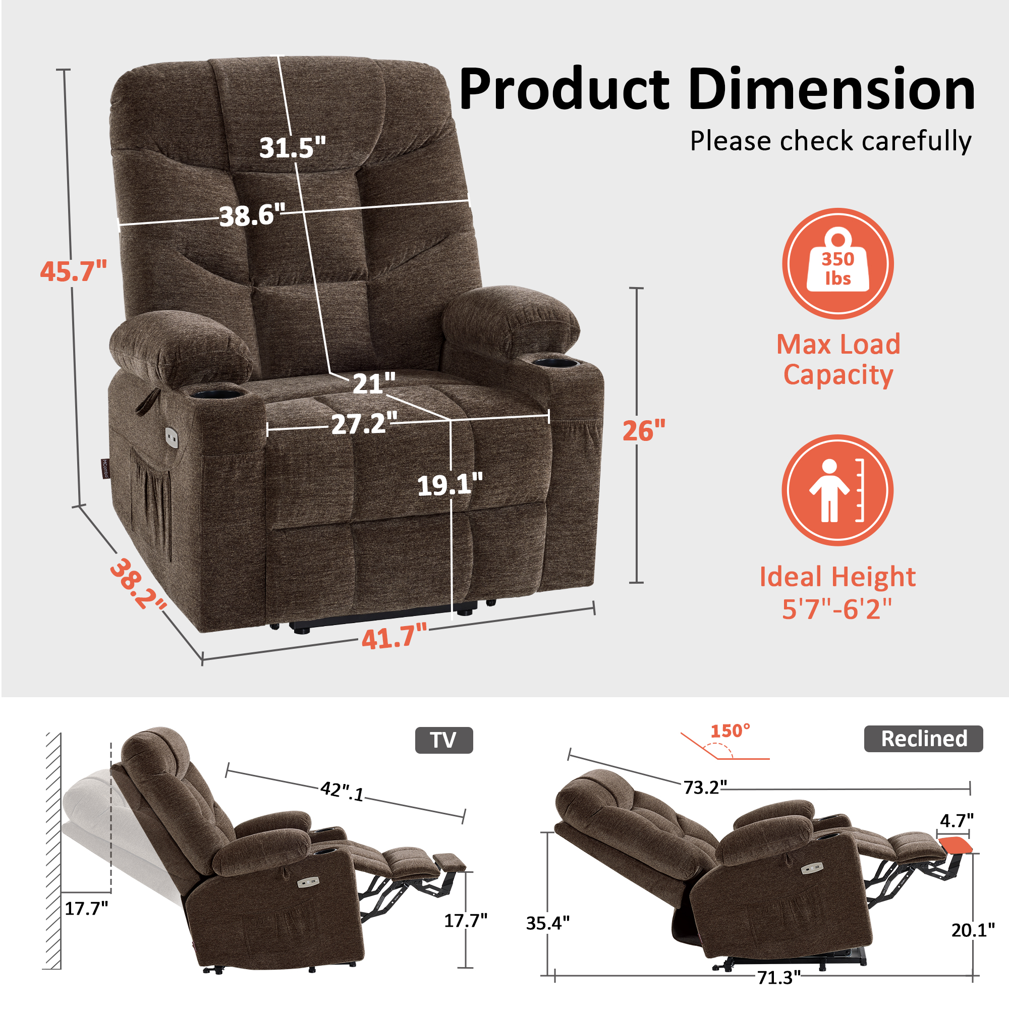 MCombo 27.2'' Extra Wide Power Lift Recliner Chair for 5'7"-6'2" Elderly, Fabric, Brown, Large-Oversize