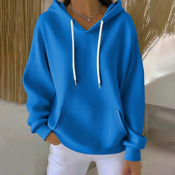 Women's Ribbed Texture Oversized Hoodie, Solid Color Adjustable Drawstring Hooded Sweatshirt with Pocket, Long Sleeve Casual Streetwear for Fall Winter 2025, Loungewear and Daily Outfits Blue L