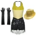thumbnail image 4 of iiniim Women Tuxedo Bodysuit Fringe Latin Dance Leotard with Gloves Hat Ballroom Dancewear Yellow XL, 4 of 7