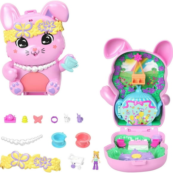 Polly Pocket Tea Party Bunny Compact Playset with 1 Micro Doll and Pet Bunnies, Travel Toy with Styling Accessories