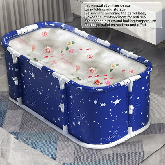 Thehsnt 45in Foldable Bathtub for Adult, Portable Hot & Cold Soaking Bath Tub with Sturdy Plastic Frame, Home SPA & Shower (Starry Blue)