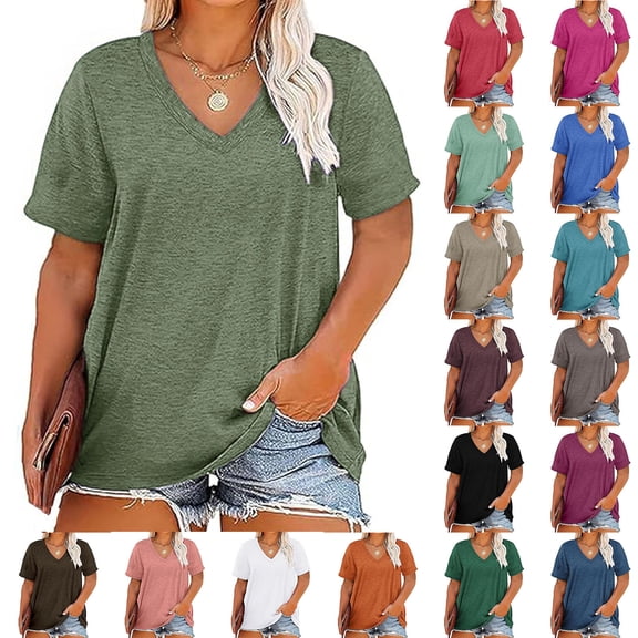 QIUOMBBP Oversized V Neck T-Shirts for Women Casual Short Sleeve Summer Tops Solid Color Loose Fit Plus Size Shirts, Wine, XXXL