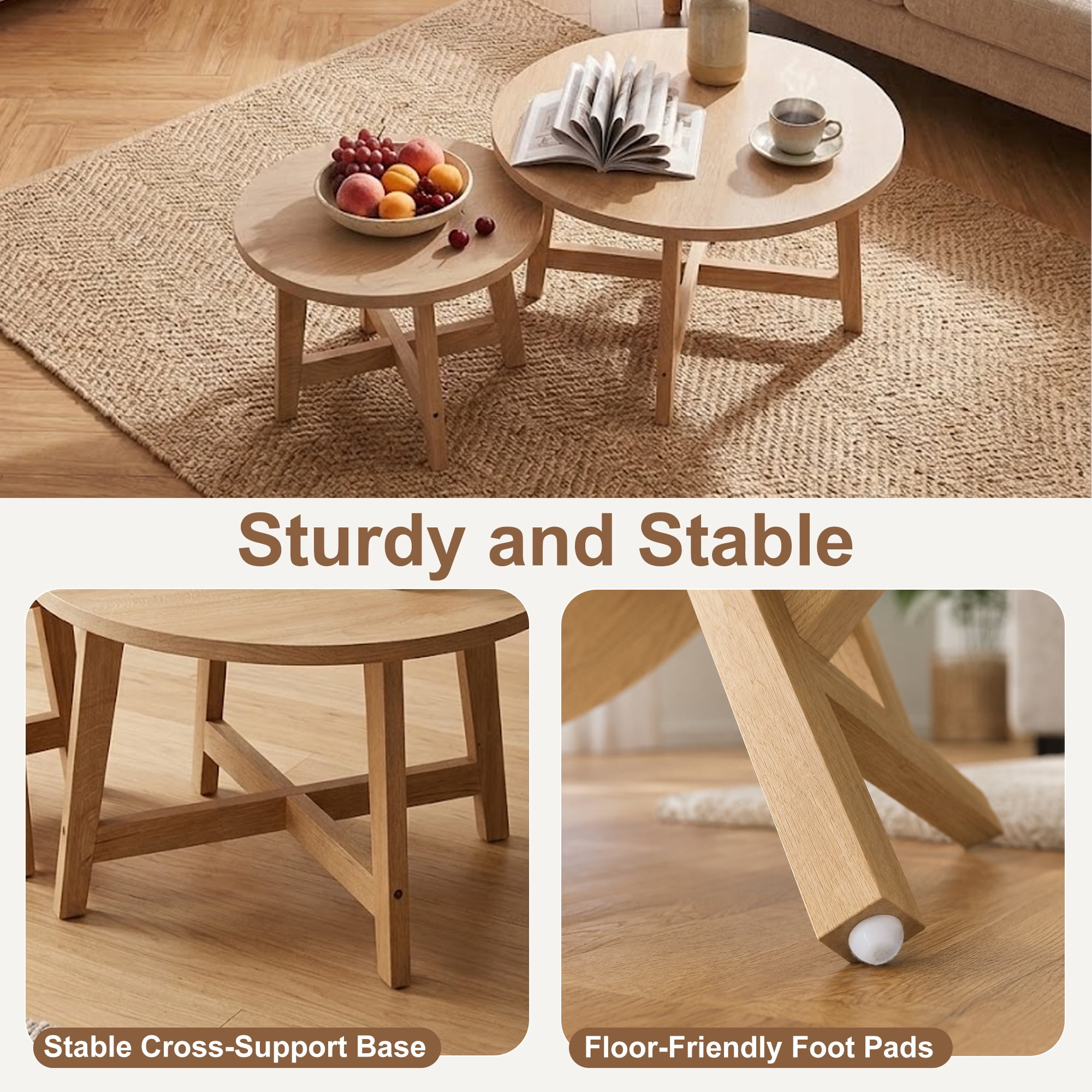 Leumius Nesting Coffee Tables Set of 2,Round Side Table Stackable End Tables,Wooden Accent Coffee Tables for Living Room Bedroom,Natural