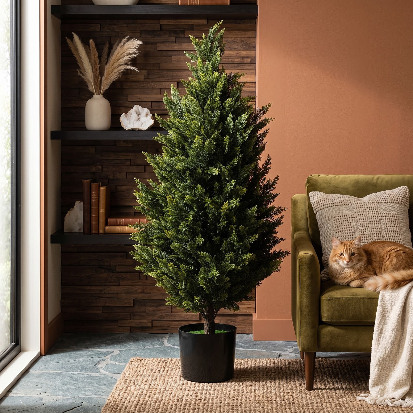 ALPULON 3 Feet Artificial Cedar Topiary Tree, Faux Cypress Plant with Cement-Filled Plastic Pot and Realistic Moss for Indoor Outdoor Home Office Entryway Decor, Green